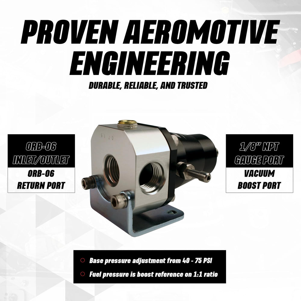 Aeromotive regulator gauge port detail for precise on‑vehicle pressure checks.