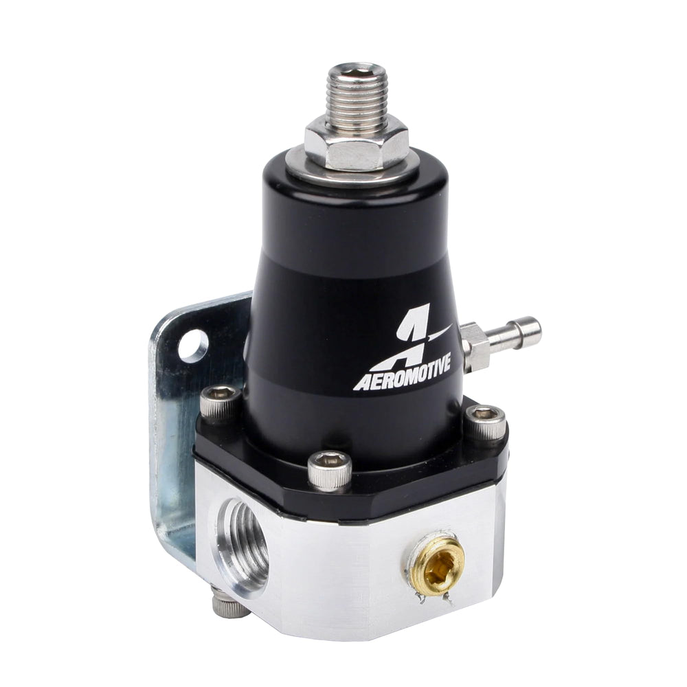 Aeromotive EFI regulator side view highlights compact high‑flow design for performance.