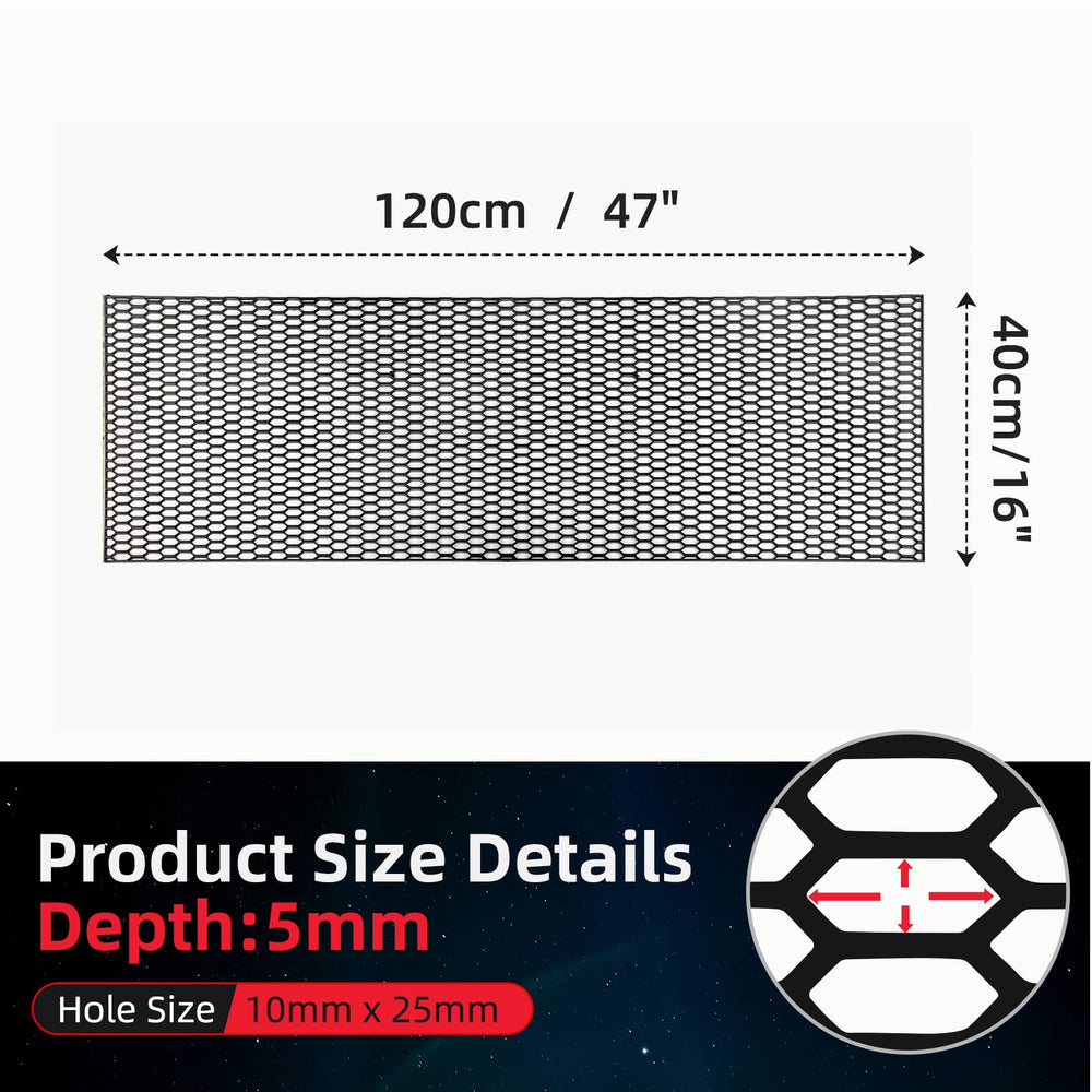 AggAuto bumper mesh shows 10x25mm hex grids for durable, universal fit.