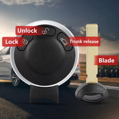 Aichiyu Mini Cooper remote back view showing FCC ID compatibility.
