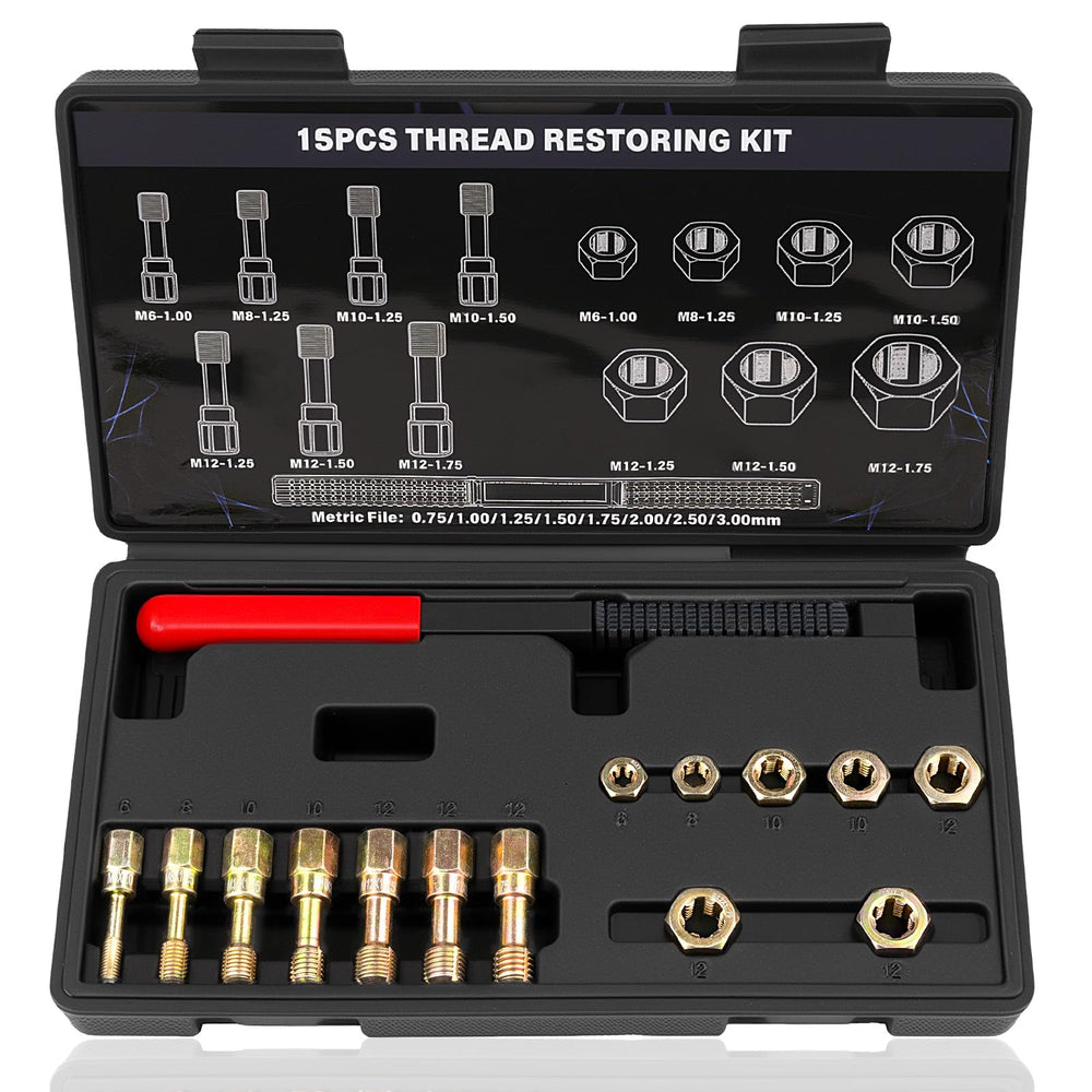 Aikyciu 15-piece metric thread chaser set in case for organized repairs.