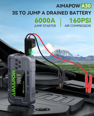 AIMAPOW air compressor inflating a tire with real-time pressure readout.