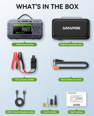 AIMAPOW compact jump starter with cables stored in a case.
