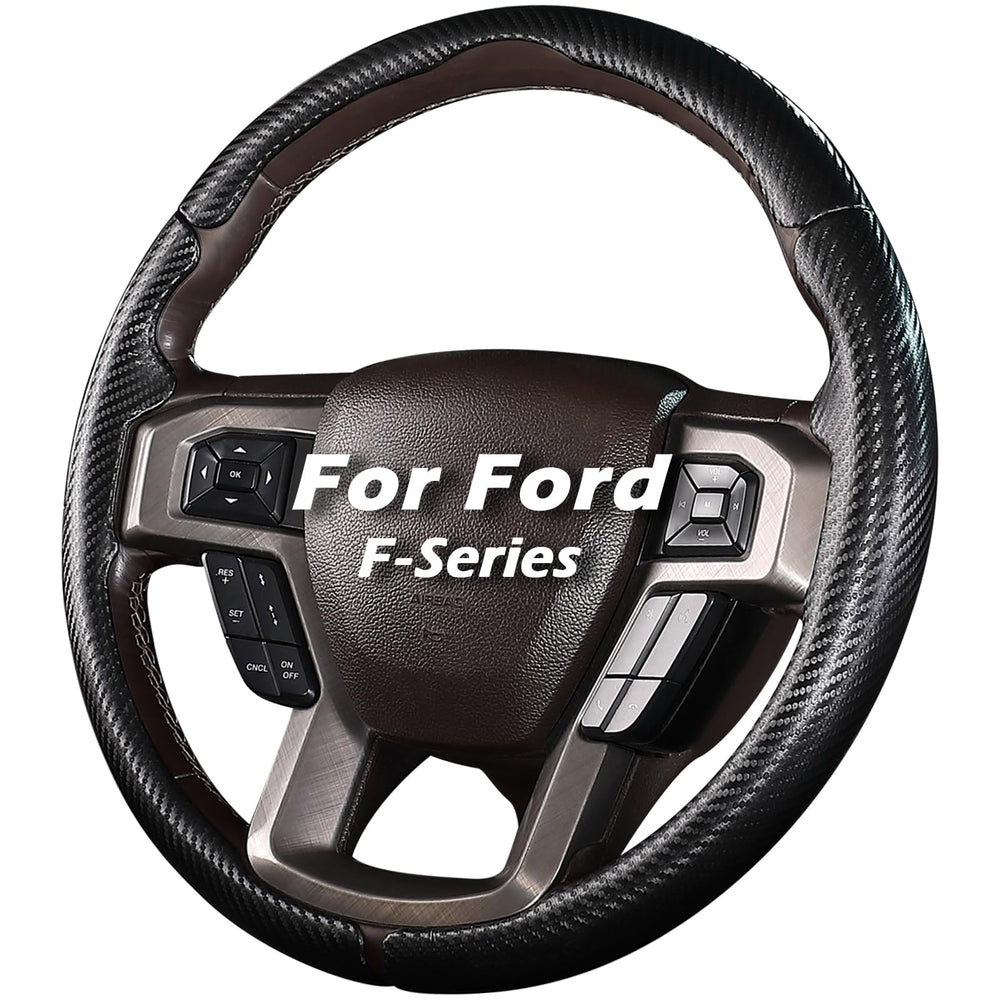 Aimato carbon-fiber steering wheel cover closeup highlights durable protection.