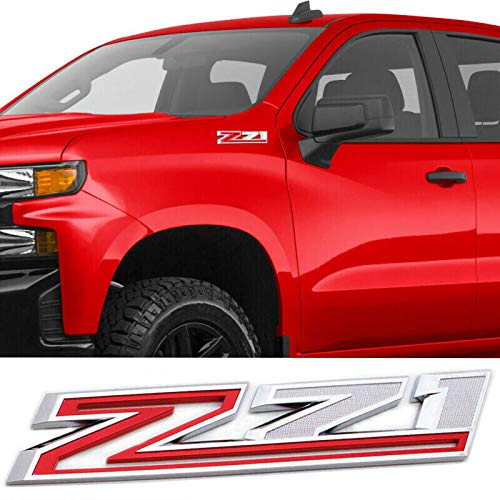 Aimoll Z71 chrome red emblem on Silverado enhances vehicle aesthetics.