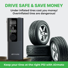 Airmoto air hose with Schrader connection attached, enabling quick car tire fills