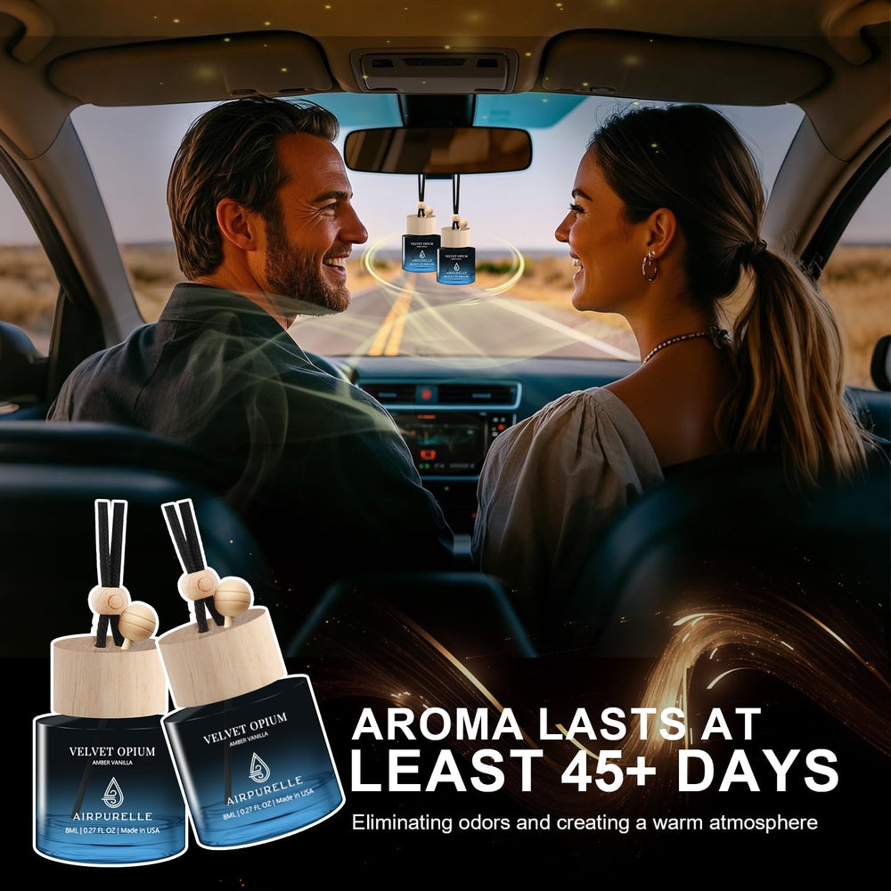 AirPurelle Amber Vanilla car diffuser with wooden cap and leak-proof seal.