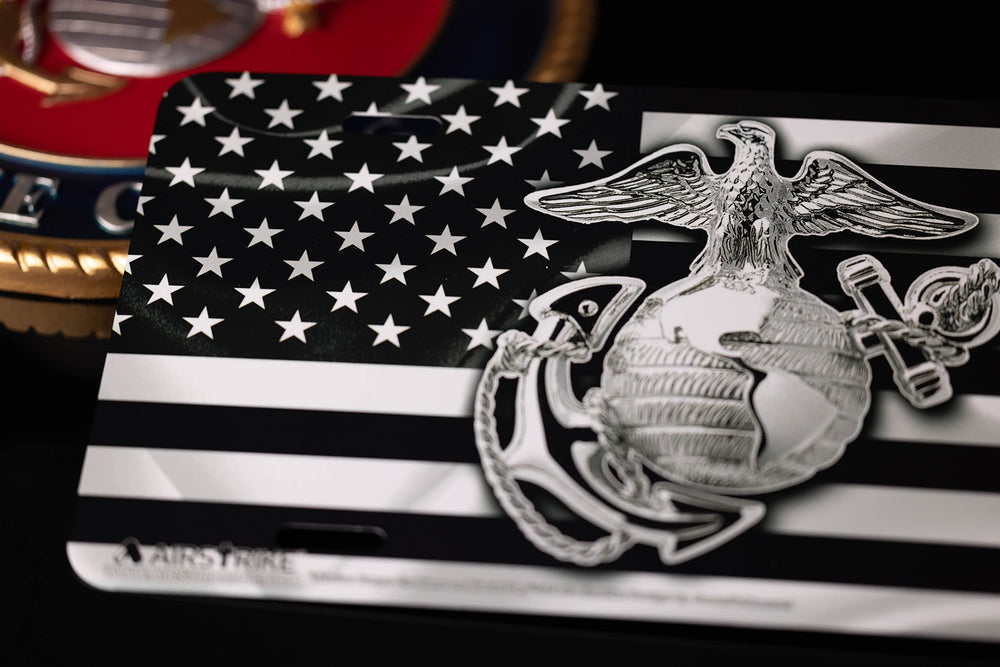 Airstrike USMC plate features high-definition printing for sharp detail.