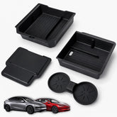 AirVOLT center console sliding tray keeps items organized in Tesla Model Y.