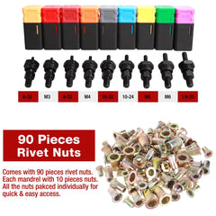 AIUITIO rivet nut tool kit with 9 mandrels and 90 rivnuts