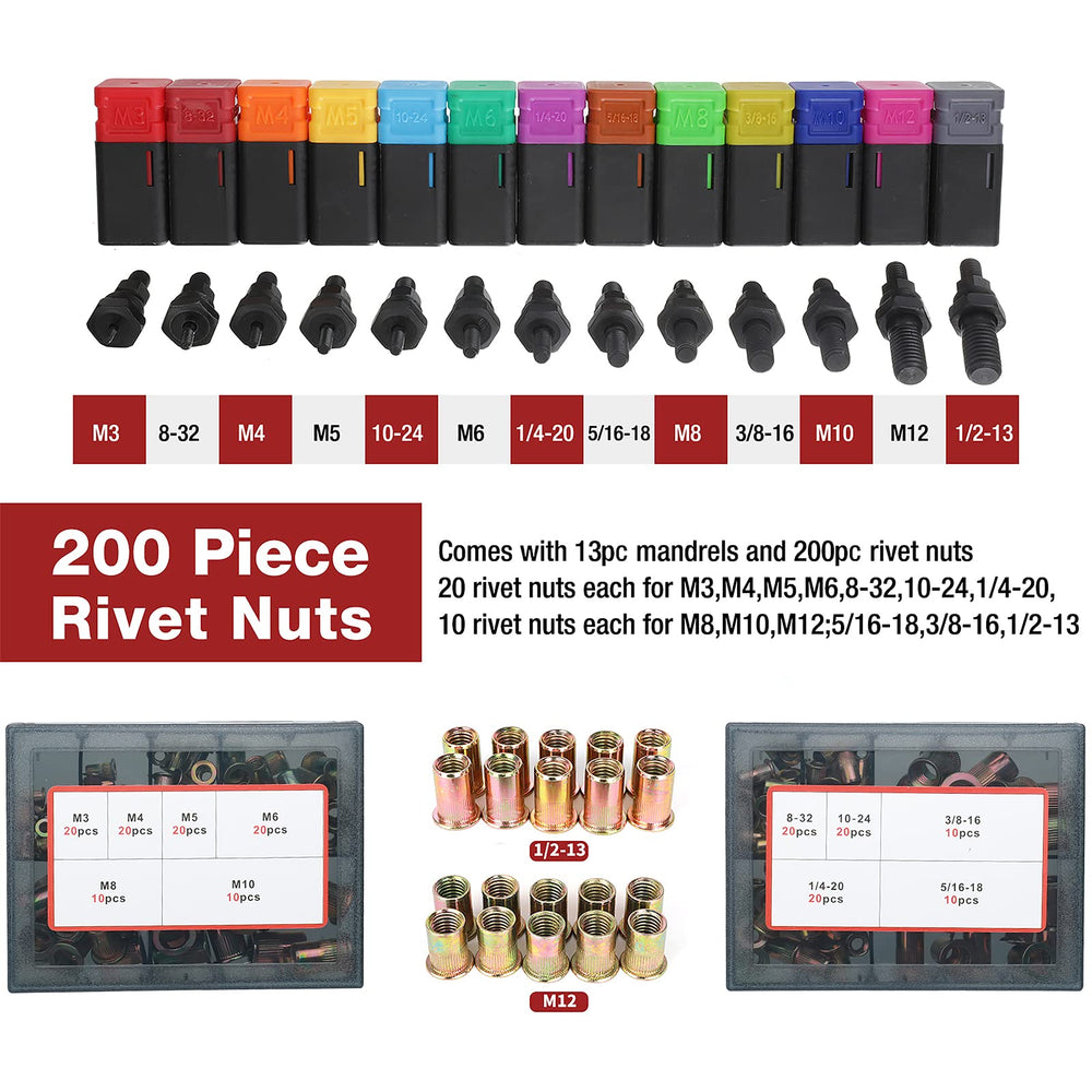 AIUITIO rivet nut tool mandrels on display for versatile thread sizes.