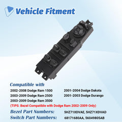 AiYiGu bezel master control for Dakota and Durango shows factory-fit compatibility.