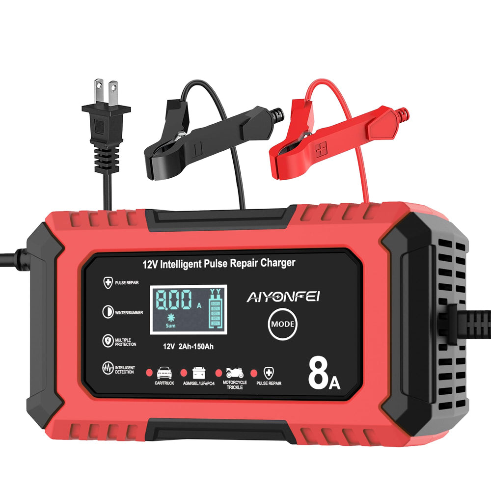 AIYONFEI 12V 8A charger front view with compact space-saving design.