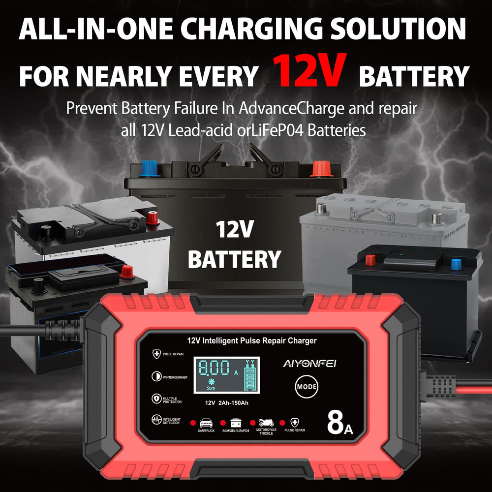 AIYONFEI 12V 8A charger LCD display shows real-time status.