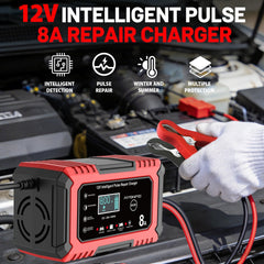 AIYONFEI 12V 8A charger side view highlighting portable setup.