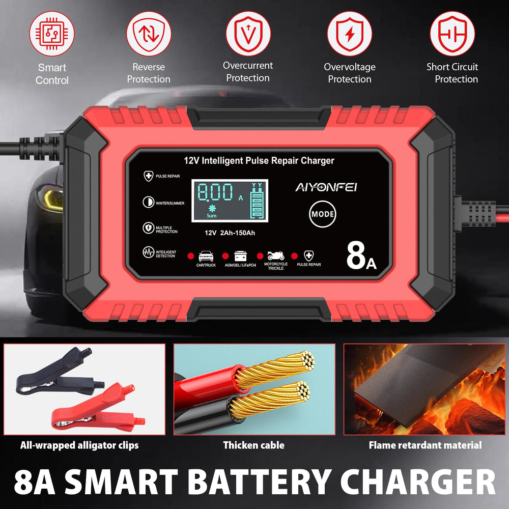 AIYONFEI 12V 8A charger winter/summer mode suitable for varying climates.