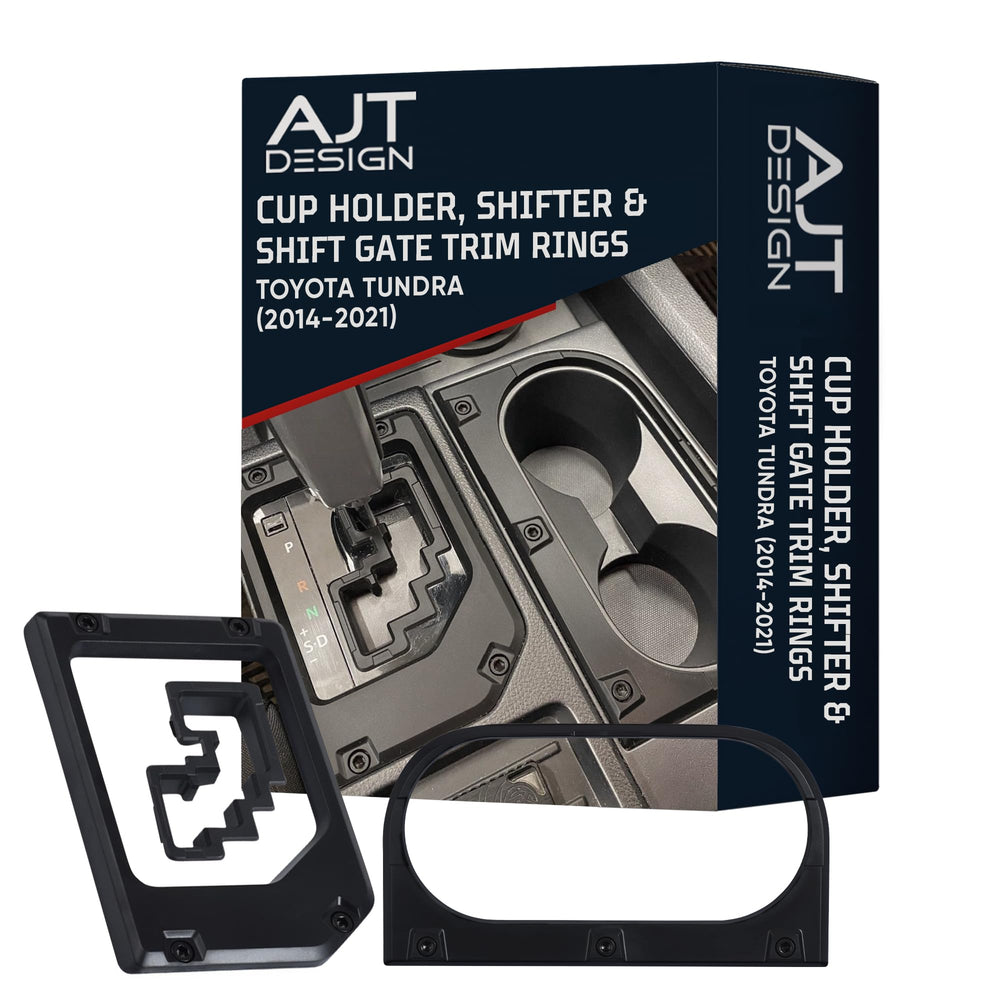 AJT DESIGN cup holder trim ring for Toyota Tundra with rugged matte black chrome-delete look.