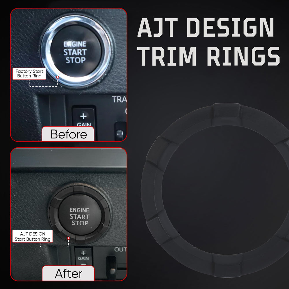 Close-up of AJT DESIGN start button ring, textured matte finish and precise injection-molded edge.