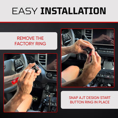 Installed AJT DESIGN start button ring on Tundra, 2020-2021, showing seamless OEM-like fit.