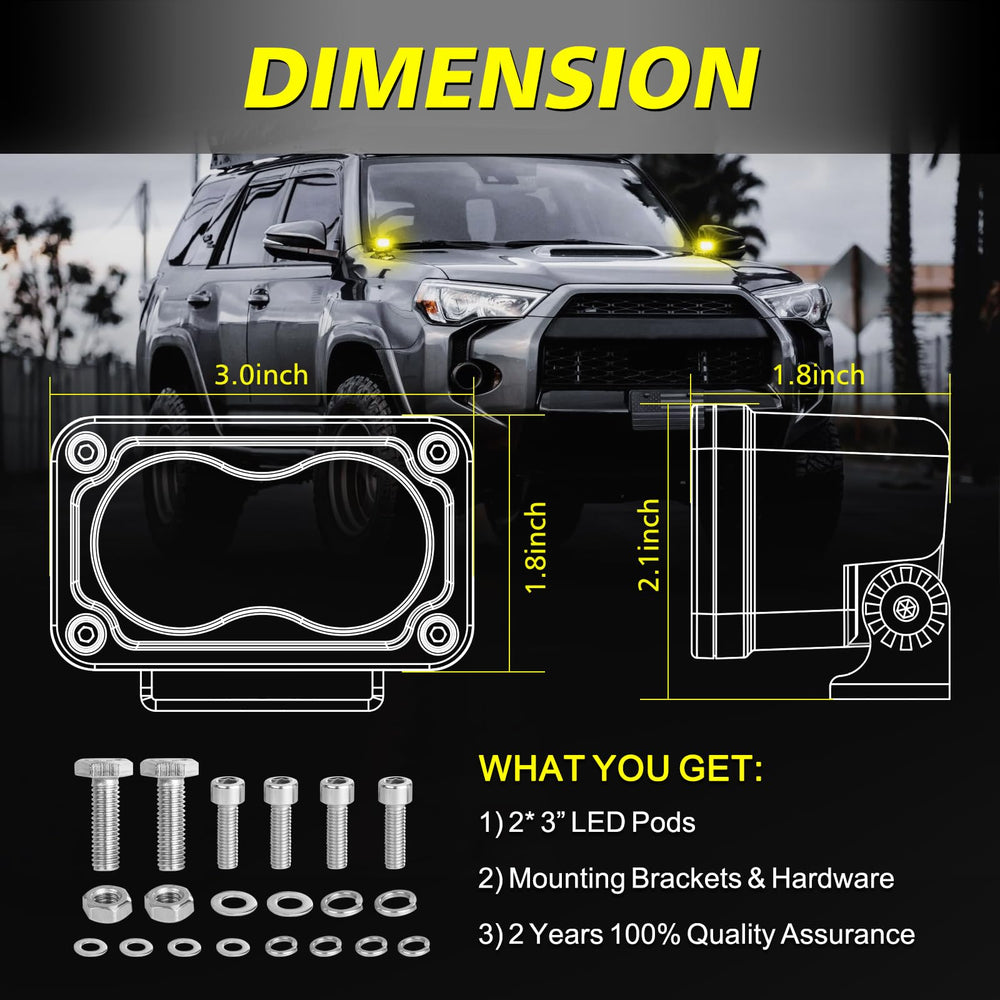 AKD Part 3inch yellow combo LED pod, side view, provides wide flood and focused throw.
