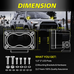 AKD Part 3inch yellow combo LED pod, side view, provides wide flood and focused throw.