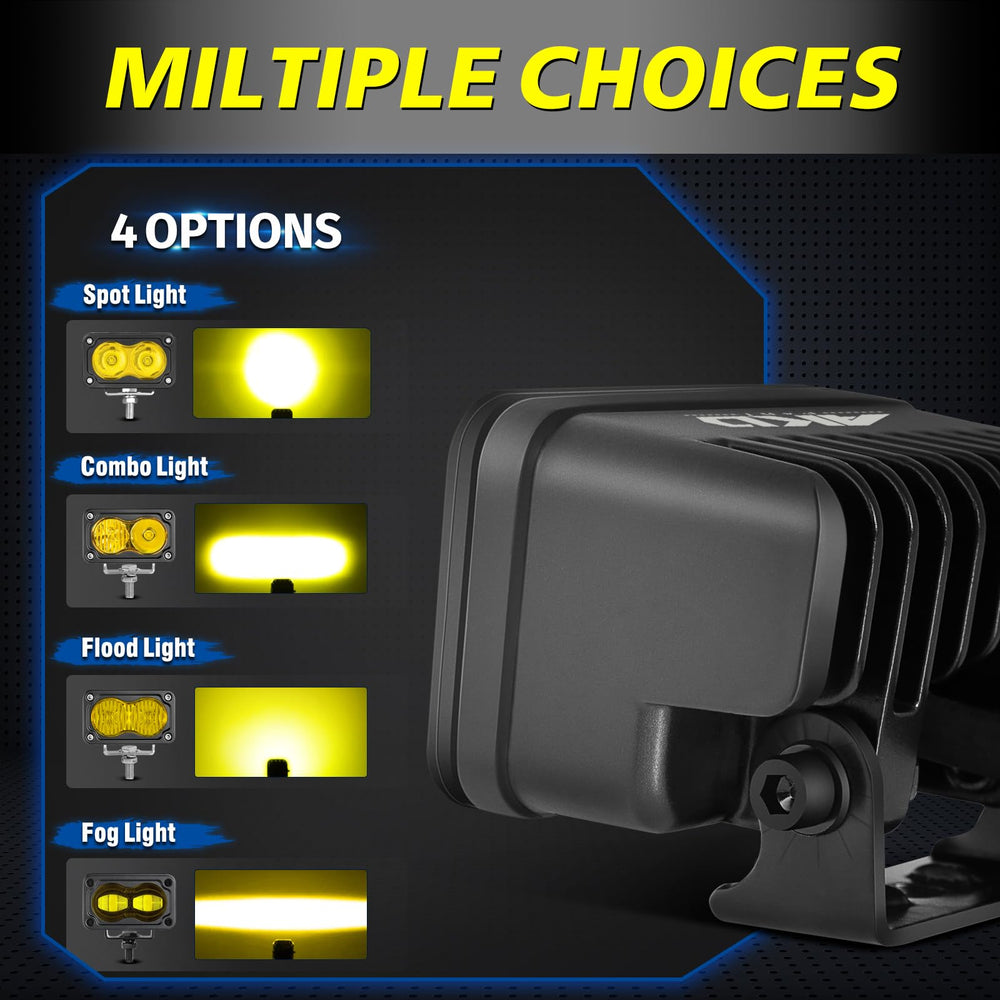 AKD Part 3inch yellow LED pod, emits bright light across the scene.