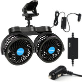 Alagoo 12V dual-head car fan with front-seat clip for rapid cooling on hot commutes
