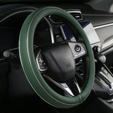 Alemodr green leather steering wheel cover with silver fiber strip for comfortable grip