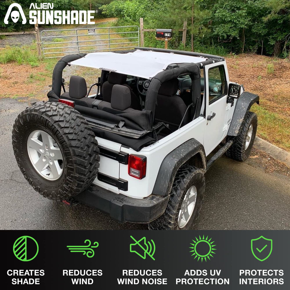Alien Sunshade installation demonstration showing tool-free setup beside the factory top.