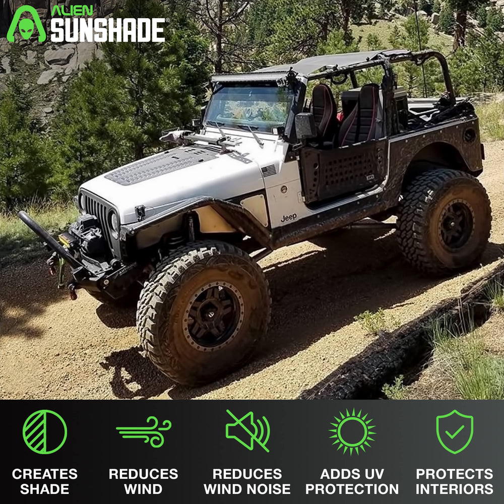 Alien Sunshade TJ mesh top cover shown on YJ model for comfortable, shade-protected top-down rides.