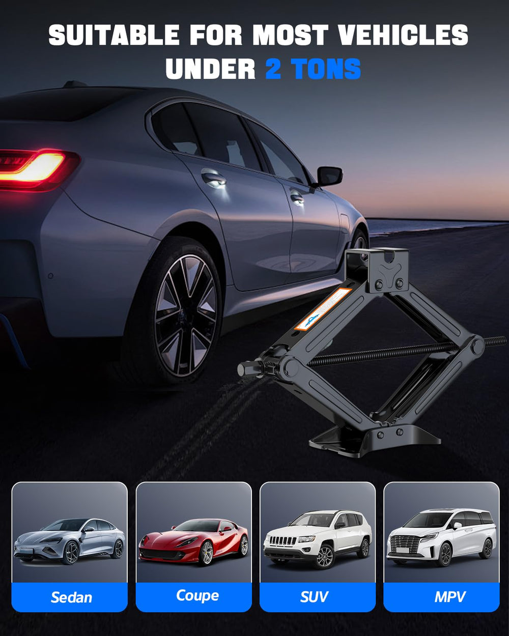 ALIXUEQIN car jack kit built with cold-rolled steel and enlarged base for stability.