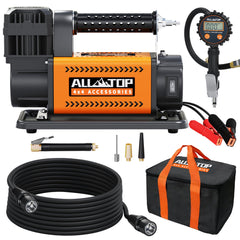 ALL-TOP air compressor includes three nozzle adapters for various tires.