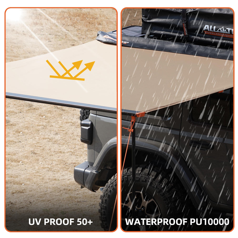 ALL-TOP awning fabric close-up shows 280GSM ripstop for durable weather protection.