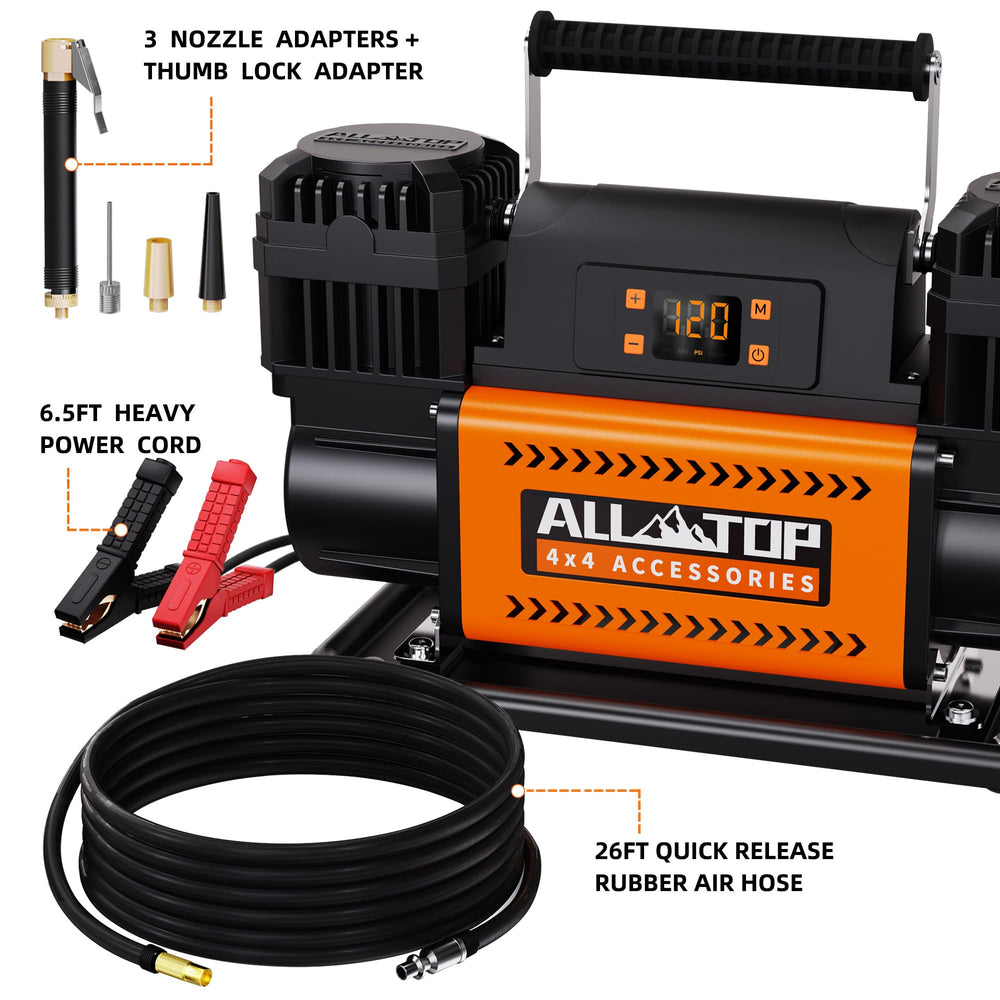 ALL-TOP heavy-duty motor and cylinders ensure steady inflation for rugged use.