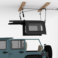 ALLCOS hardtop lift shown for Jeep Wrangler setup, enabling effortless removal and storage.