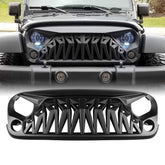Allinoneparts matte black shark grille front close-up shows durable ABS finish for Jeep Wrangler.