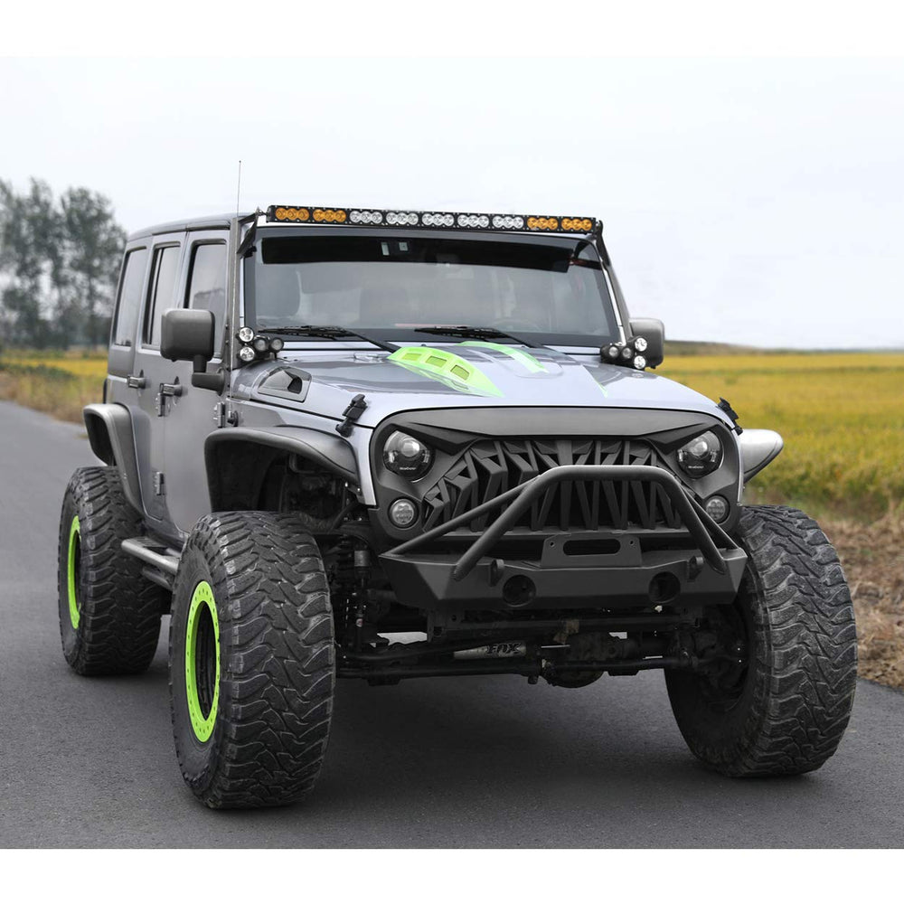 Allinoneparts matte black shark grille finish detail on Jeep Wrangler exterior.