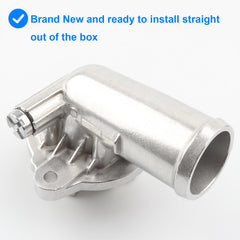 Allmotorparts aluminium thermostat housing assembly with clear flow path illustration