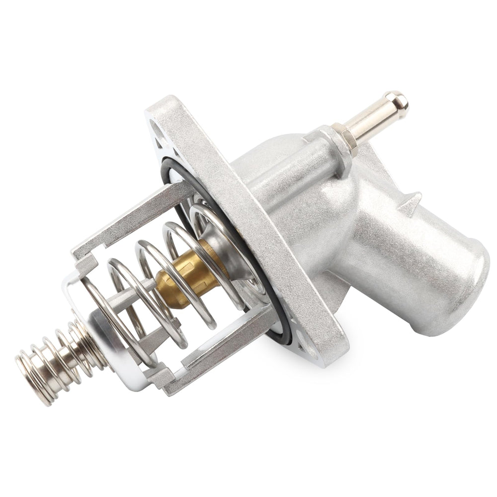 Allmotorparts upgrade aluminium thermostat housing assembly—engine-side view, durable and snug fit.