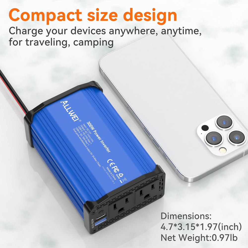 ALLWEI 300W car inverter compact form factor for road trips