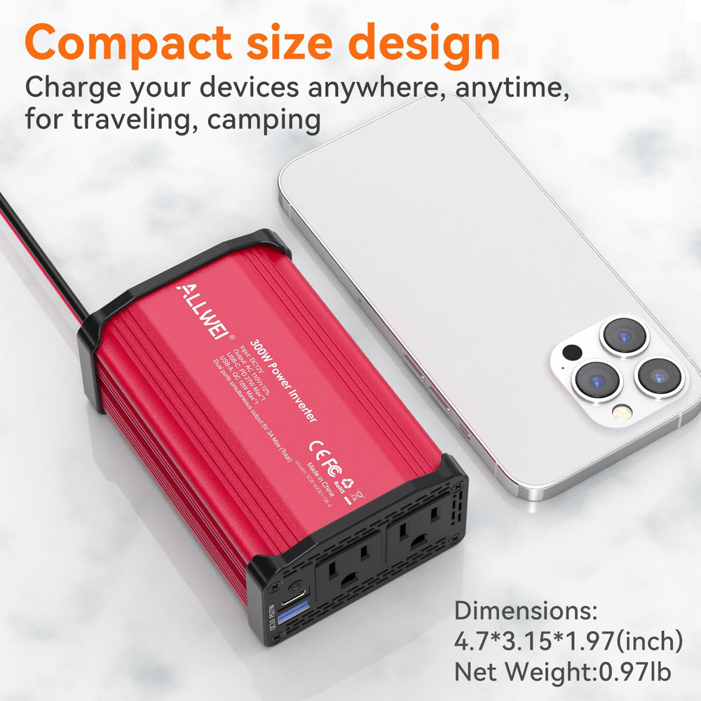 ALLWEI 300W inverter compact size fits in a vehicle.