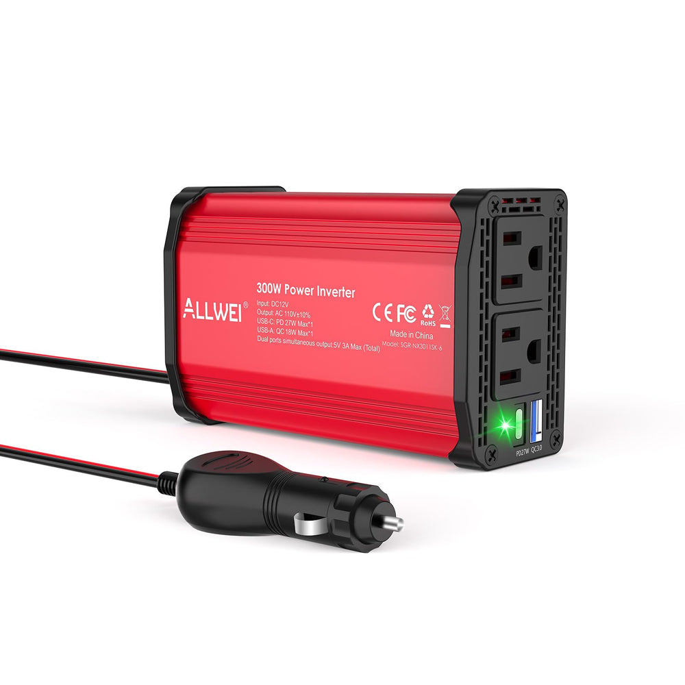 ALLWEI 300W inverter front view powering devices on the road.