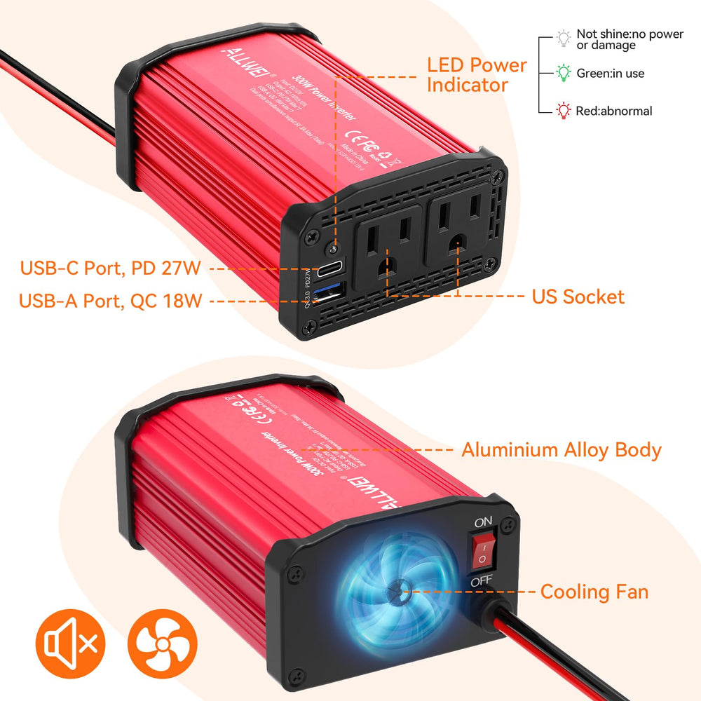 ALLWEI 300W inverter in use powering laptop and phone.