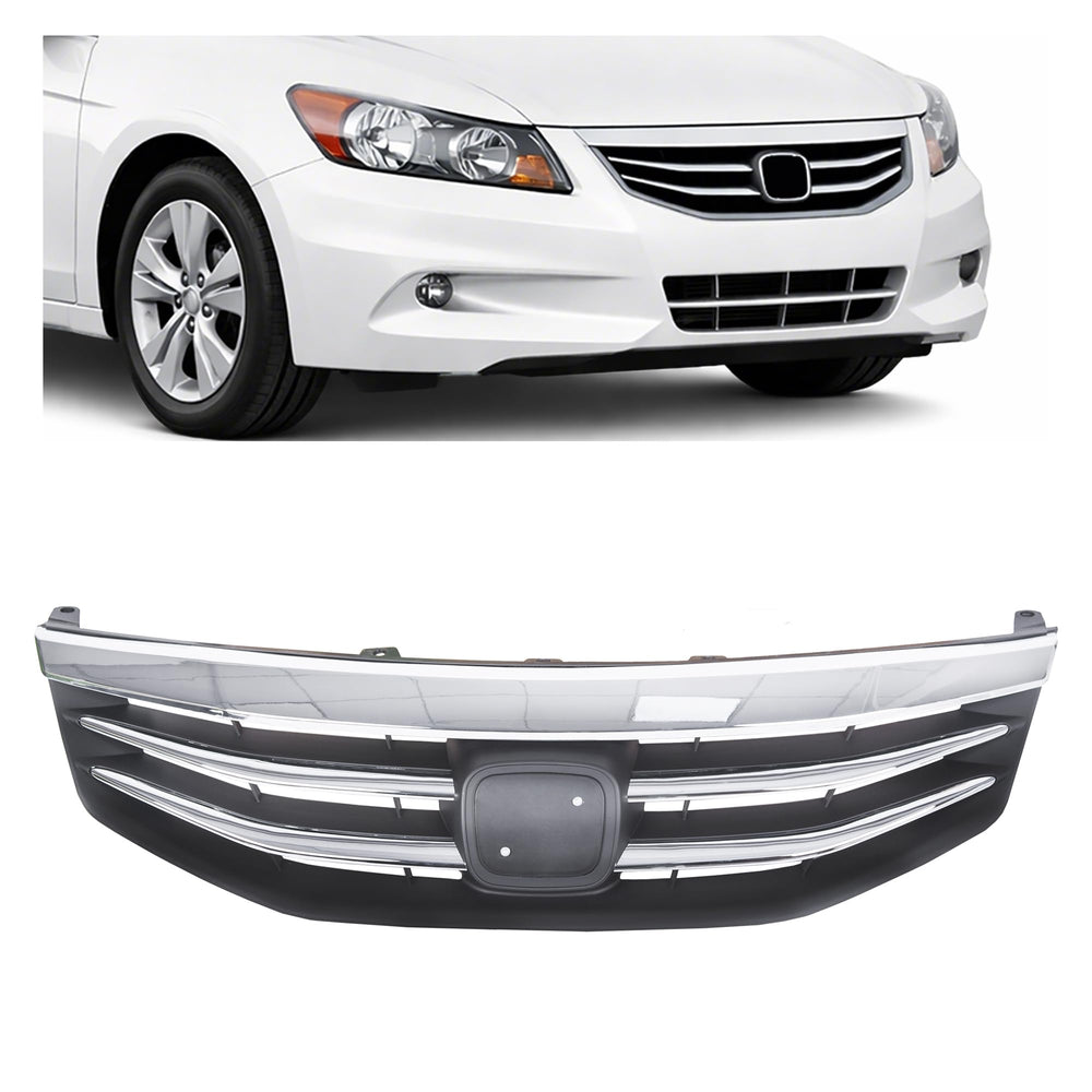 ALMULOO front upper grille for 2011-2012 Accord sedan in black chrome enhances style and fit.