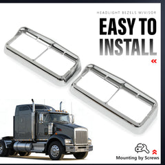 ALMULOO chrome headlight bezel with visor for Kenworth T600 left enhances style and protection.