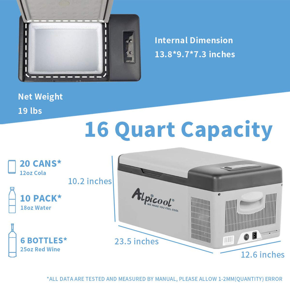 Alpicool C15 16-quart capacity: fits about 20 cans for road trips.