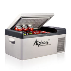 Alpicool C15 front view: compact car fridge for easy on-the-road cooling.