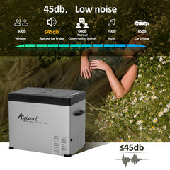 Alpicool C50 dimension specs show compact footprint suitable for under-seat or trunk use.