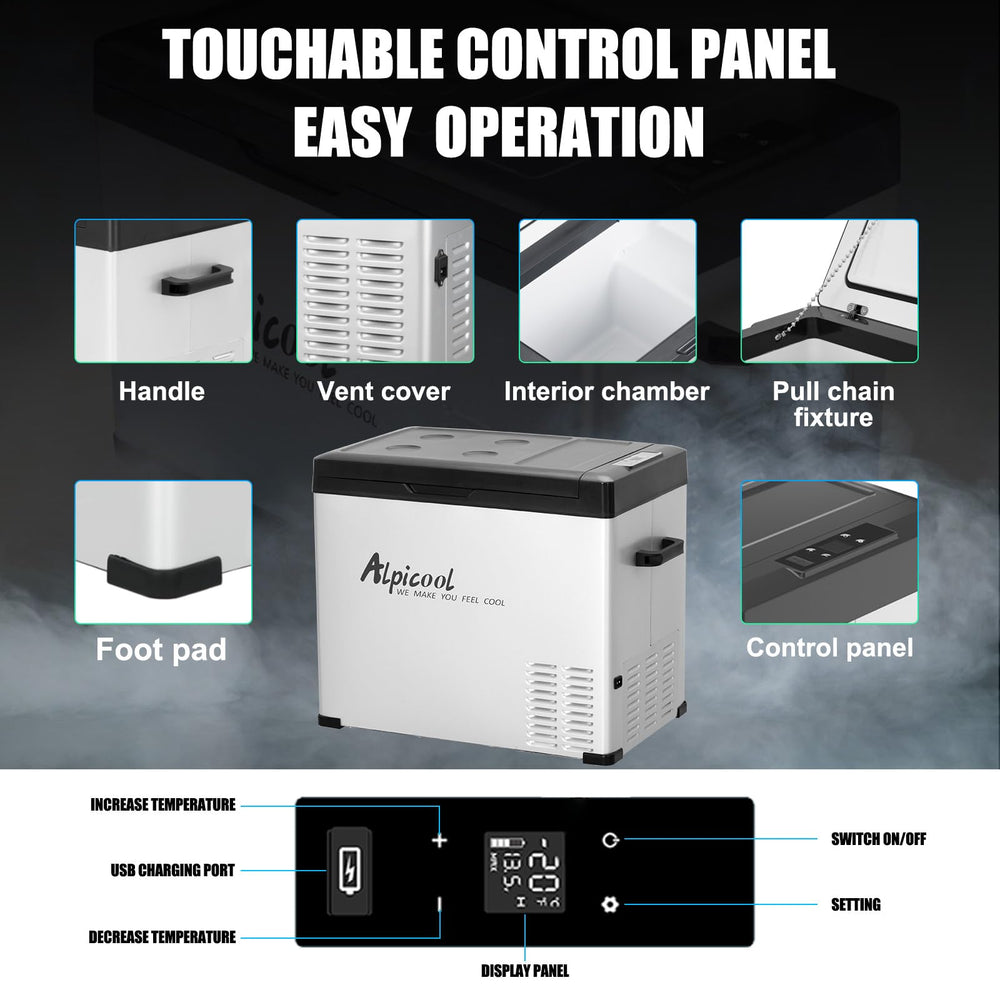 Alpicool C50 LED light on helps locate items in low light.