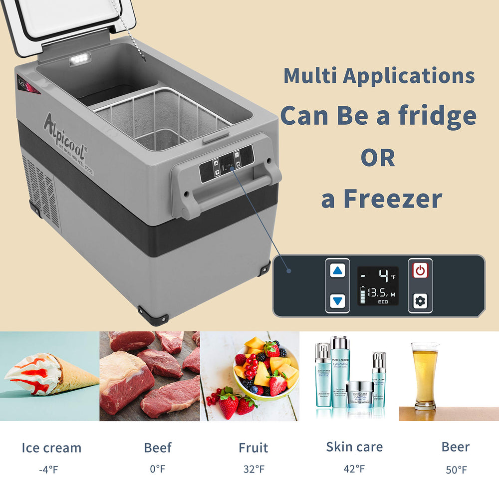 Alpicool CF45-LG interior basket keeps items organized during travel.